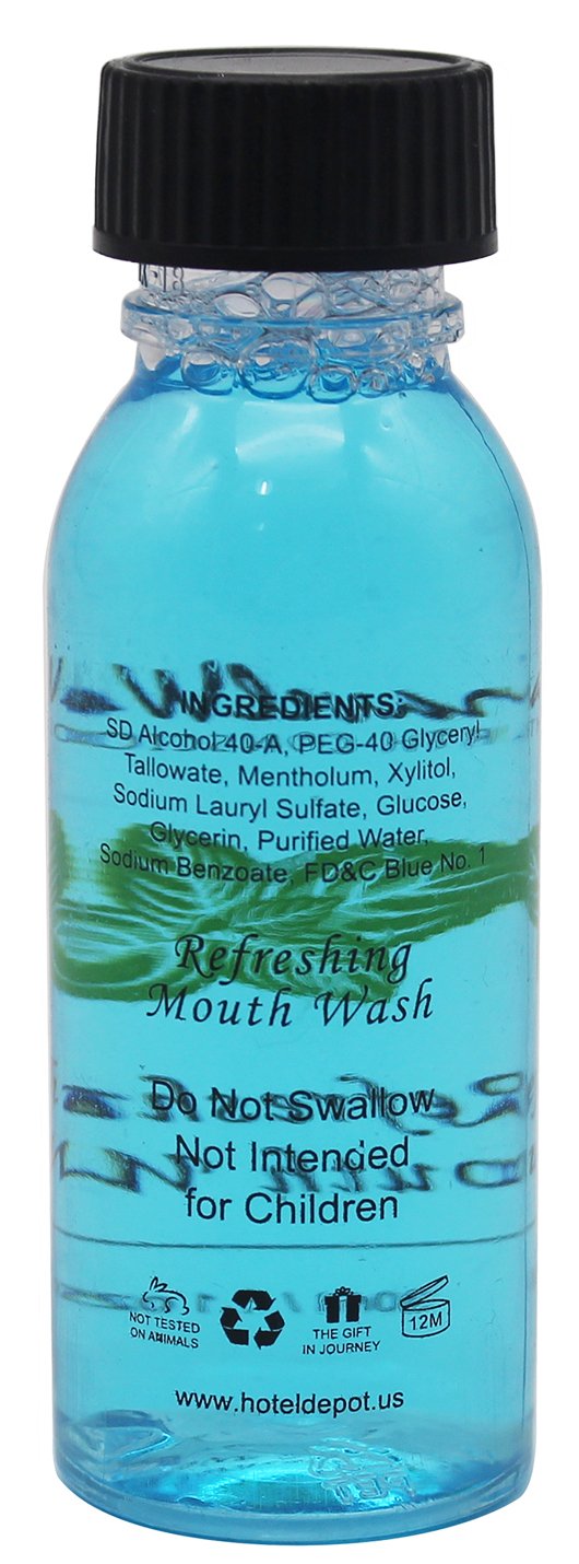 Travel Well 1 oz mint mouthwash bottle in hotel amenity set for guests.