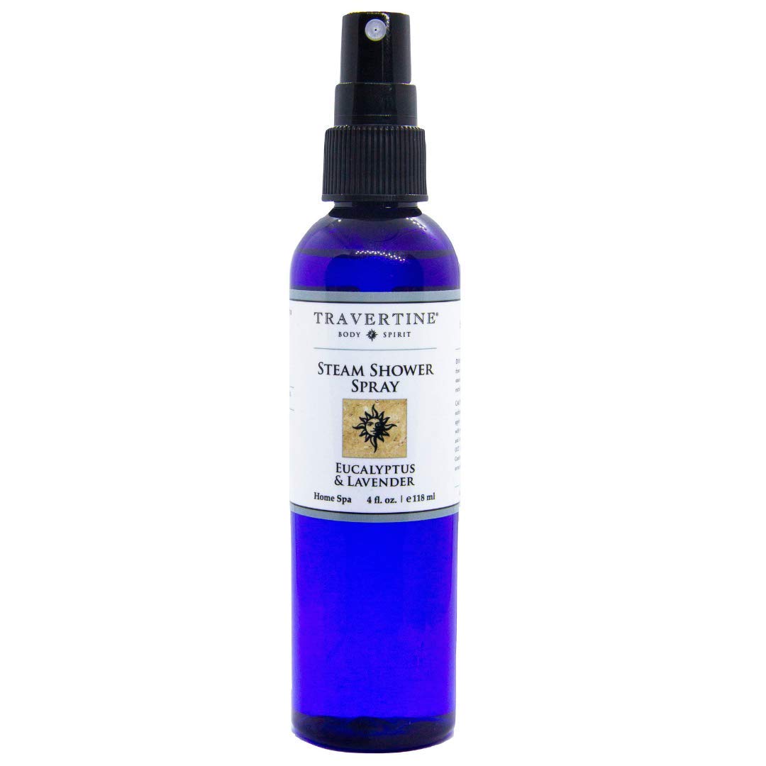 Travertine Spa Steam Shower Spray bottle with eucalyptus delivers spa-like aromatherapy.