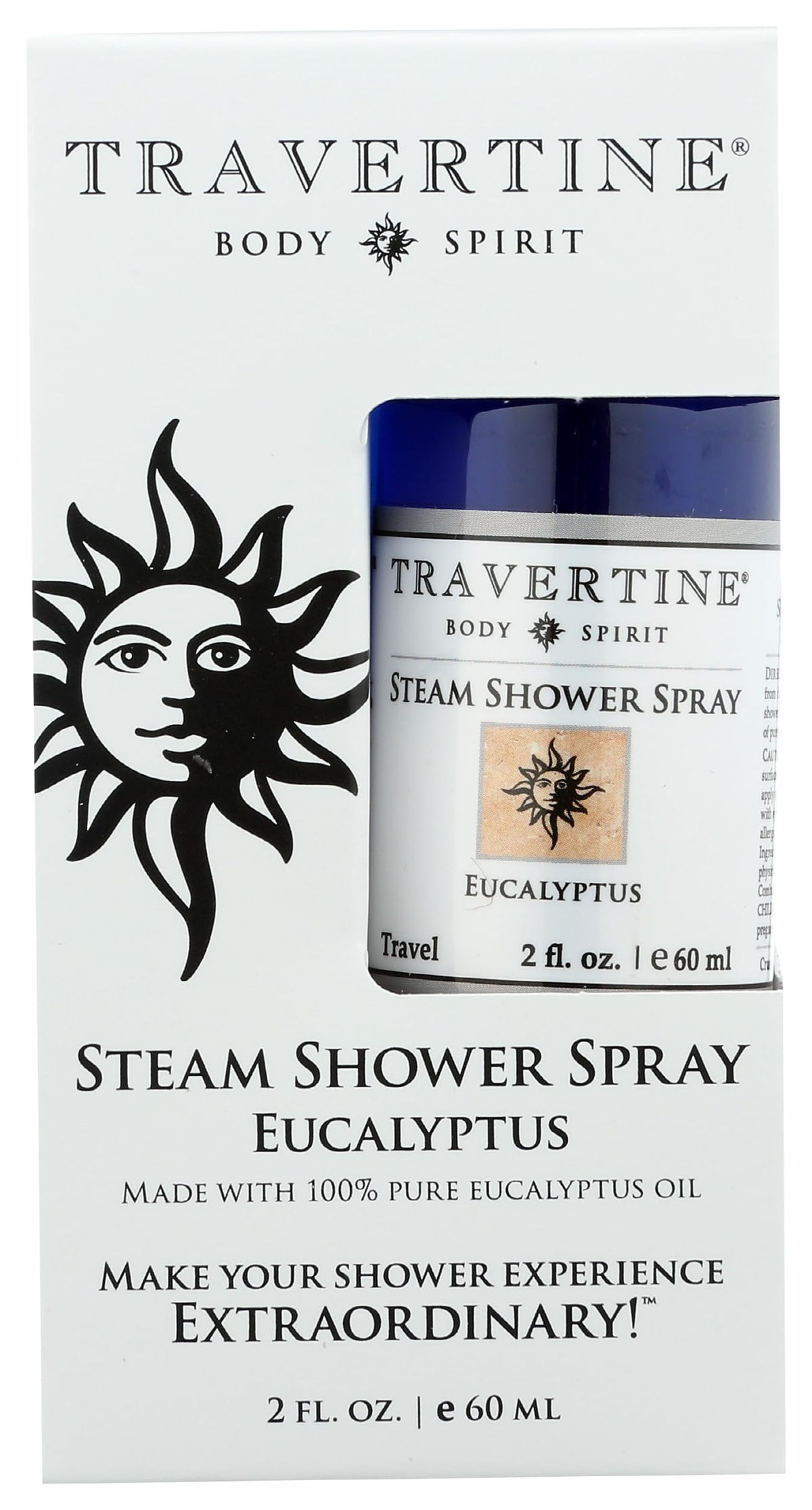 Travertine Spa Steam Shower Spray eucalyptus bottle delivers long-lasting aroma in the shower.