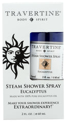 Travertine Spa Steam Shower Spray eucalyptus bottle delivers long-lasting aroma in the shower.