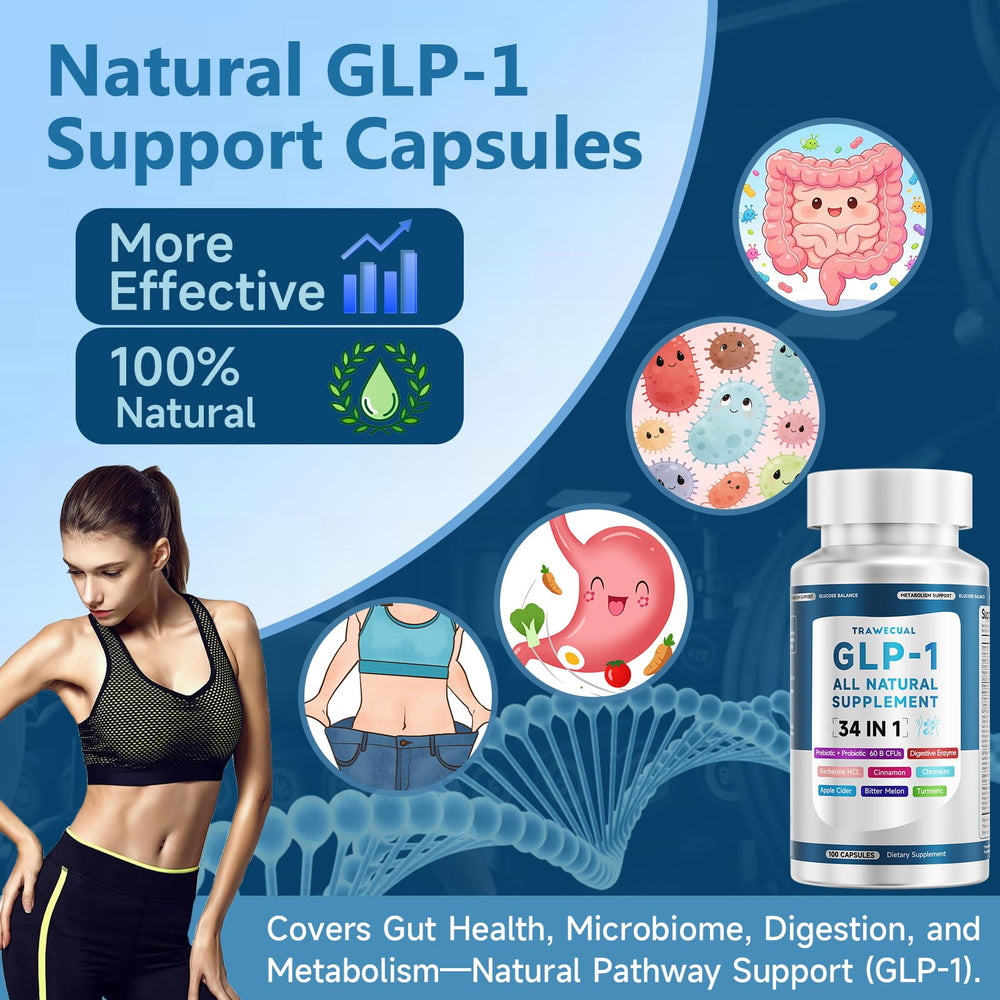 Trawecual GLP-1 capsules close-up with 34 in 1 formula for gut health