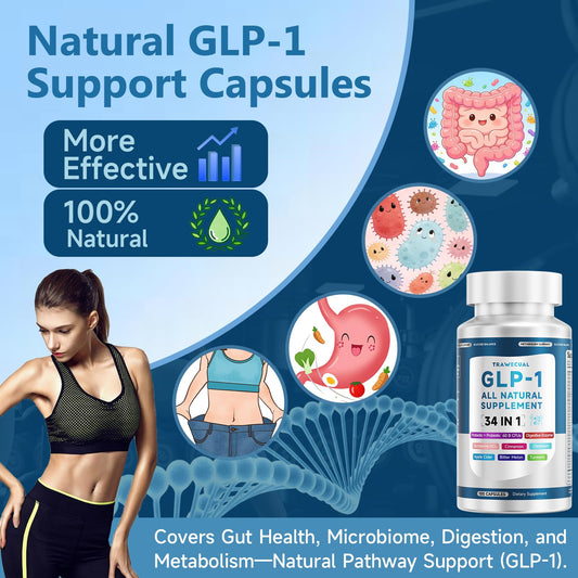 Trawecual GLP-1 capsules close-up with 34 in 1 formula for gut health