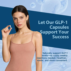 Trawecual GLP-1 bottle next to meals illustrating digestive support use