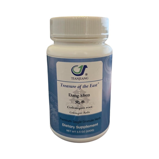 Treasure of the East Codonopsis root dang shen granules bottle closeup for convenient daily vitality.