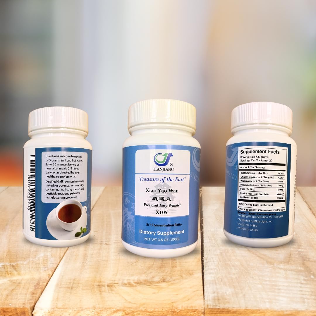 Xiao Yao Wan granules dissolving in warm water for quick daily balance.