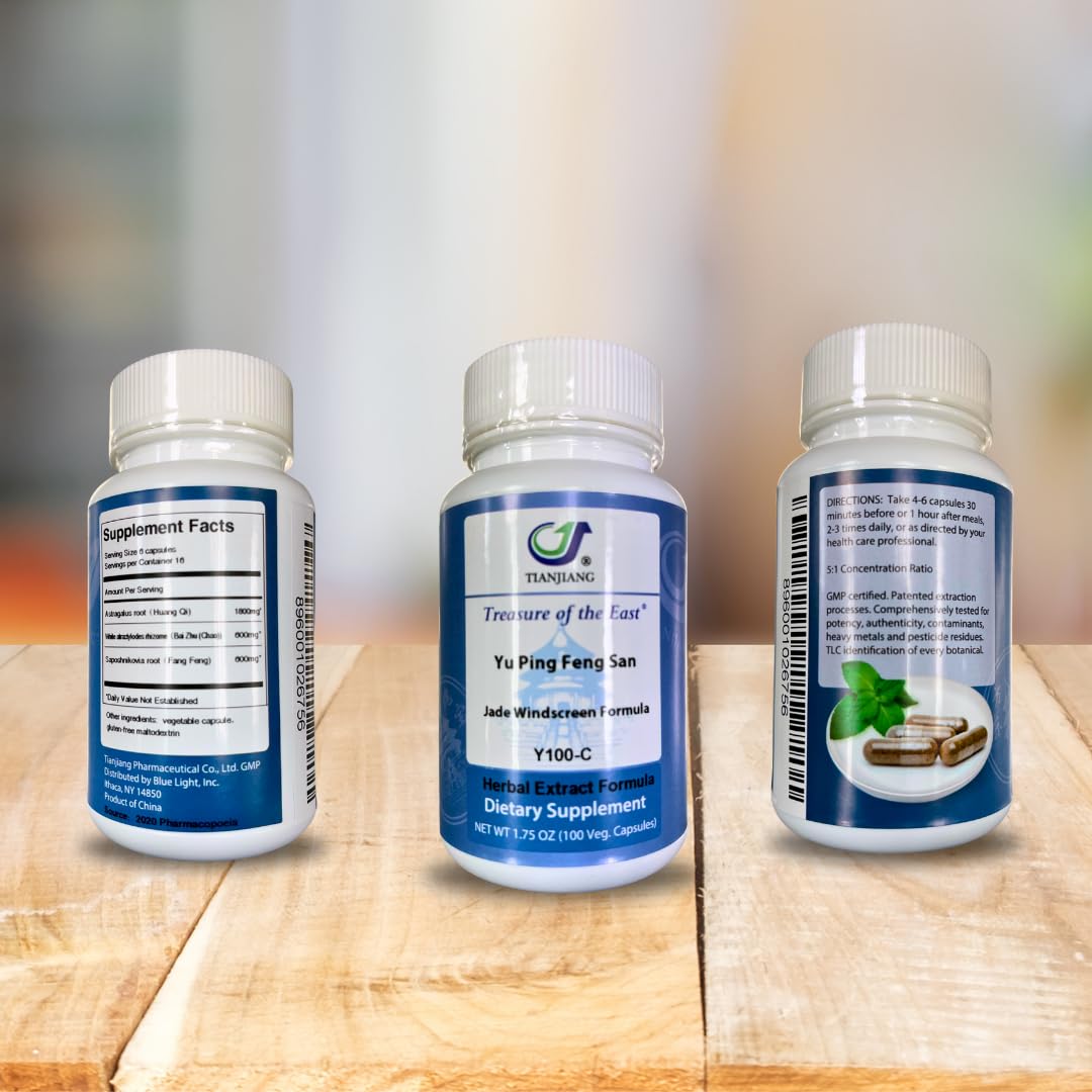 Close-up of Yu Ping Feng San capsules from Treasure of the East for daily wellness.