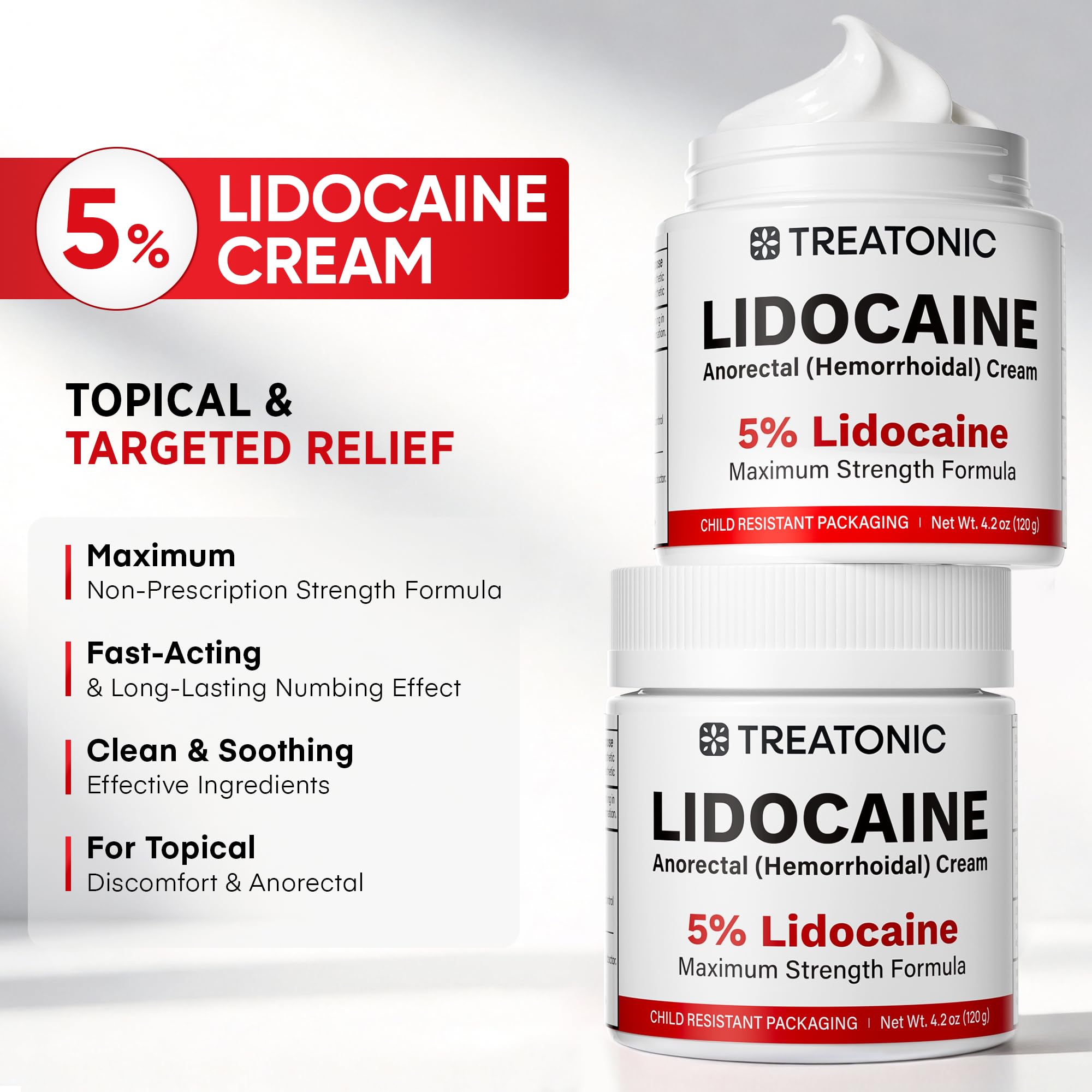 Treatonic lidocaine cream tube on a neutral surface for quick topical numbness.