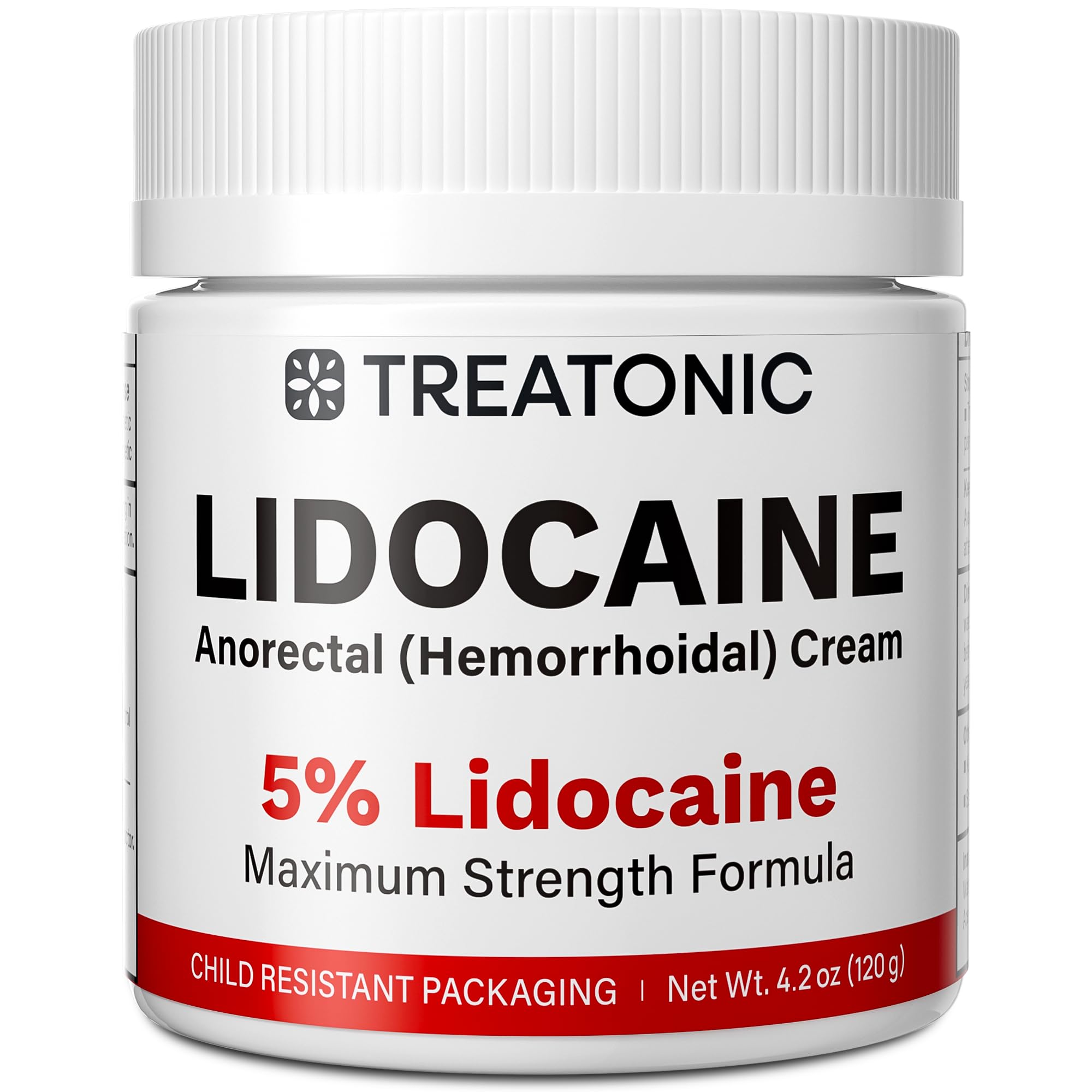 Treatonic 5% Lidocaine Cream bottle with child-resistant cap offering fast temporary relief.