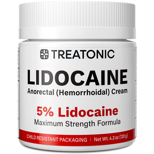 Treatonic 5% Lidocaine Cream bottle with child-resistant cap offering fast temporary relief.
