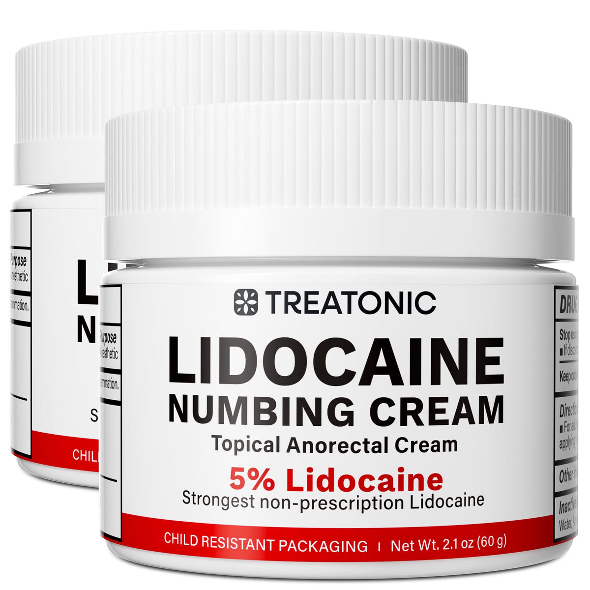 Treatonic five-percent lidocaine cream packaging shows a secure cap for safe, on-the-go use.