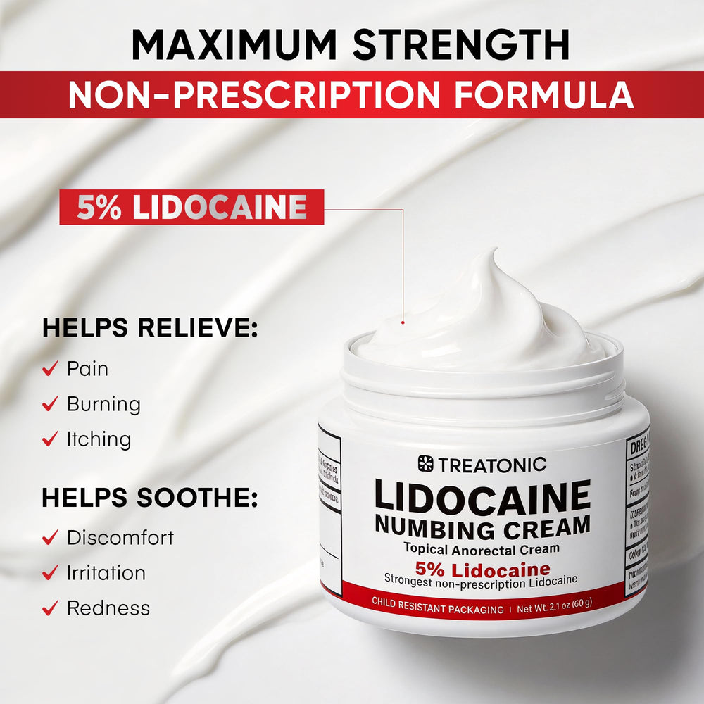 Treatonic lidocaine cream in use; numbness begins in about 10 minutes for targeted relief.