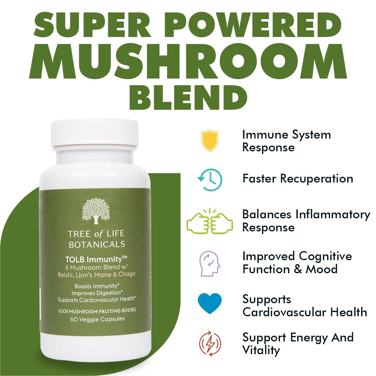 Tree of Life Botanicals Immunity Mushroom Complex label detail shows six mushrooms for immune support