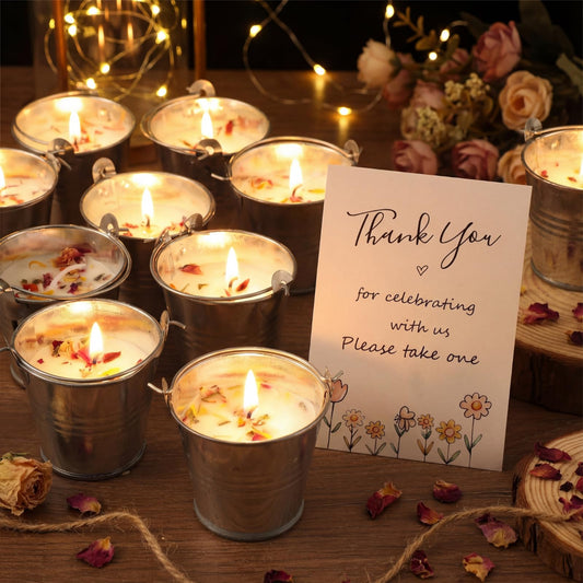 Treela lavender scented candle in white iron bucket for elegant wedding favors.