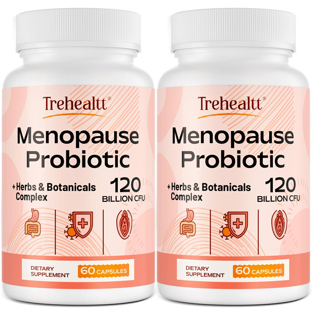 Trehealtt menopause bottle showing 120B CFU probiotic for gut support