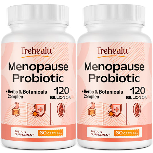 Trehealtt menopause bottle showing 120B CFU probiotic for gut support