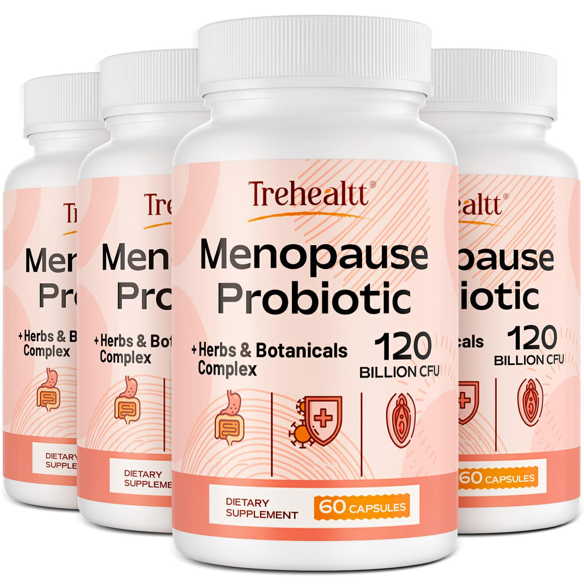Trehealtt menopause probiotic bottle label highlighting 120B CFU for gut balance.