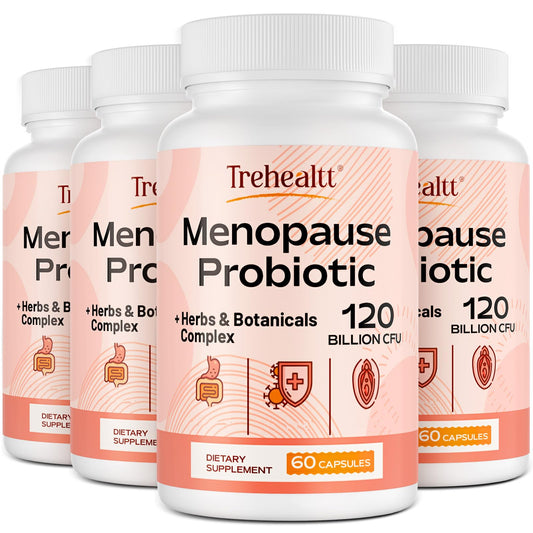 Trehealtt menopause probiotic bottle label highlighting 120B CFU for gut balance.