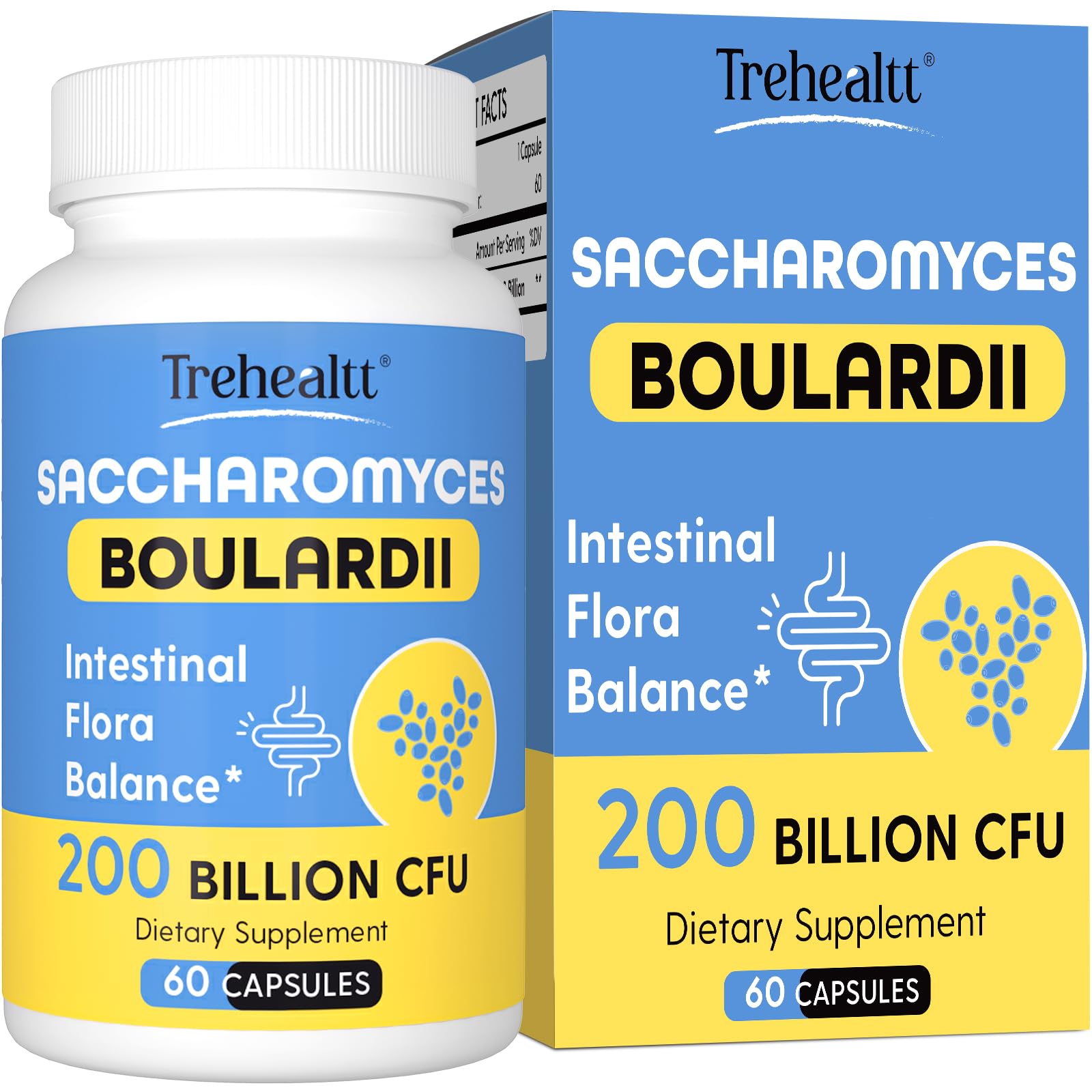 Trehealtt Saccharomyces boulardii bottle showing probiotic potency for gut balance