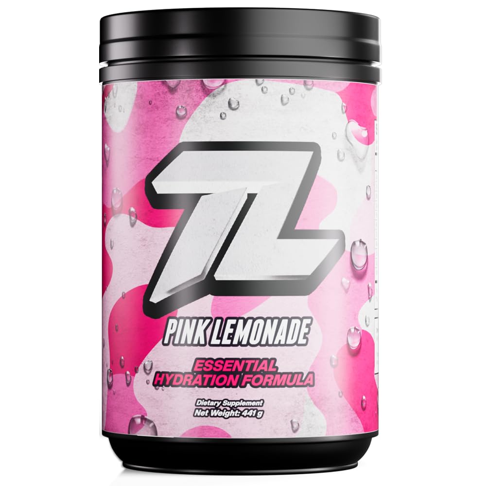 The Treigning Lab Hydration Electrolyte Powder bottle highlights sugar-free, keto-friendly pink lemonade flavor.