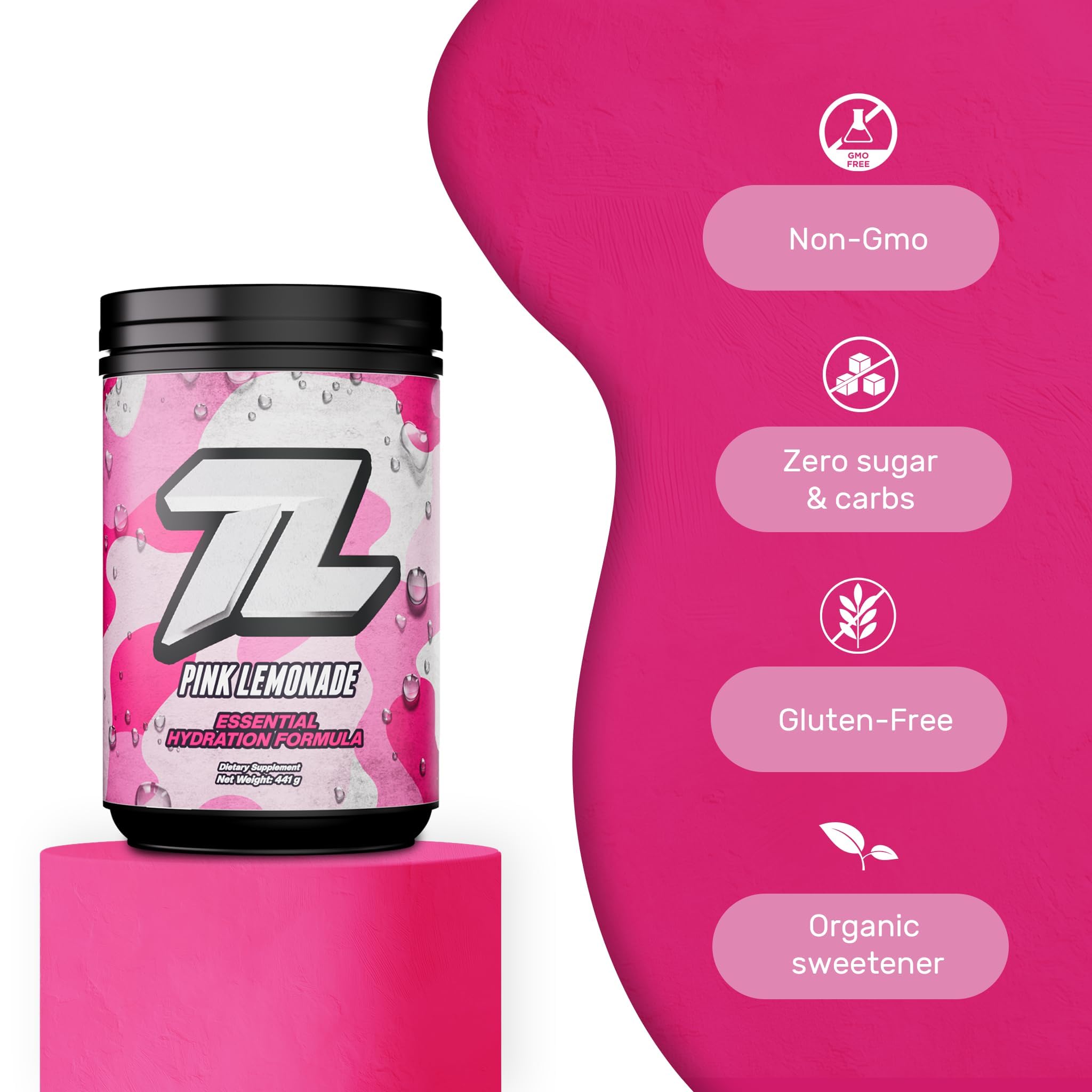 The Treigning Lab pink lemonade powder label close-up showing vegan and non-GMO attributes