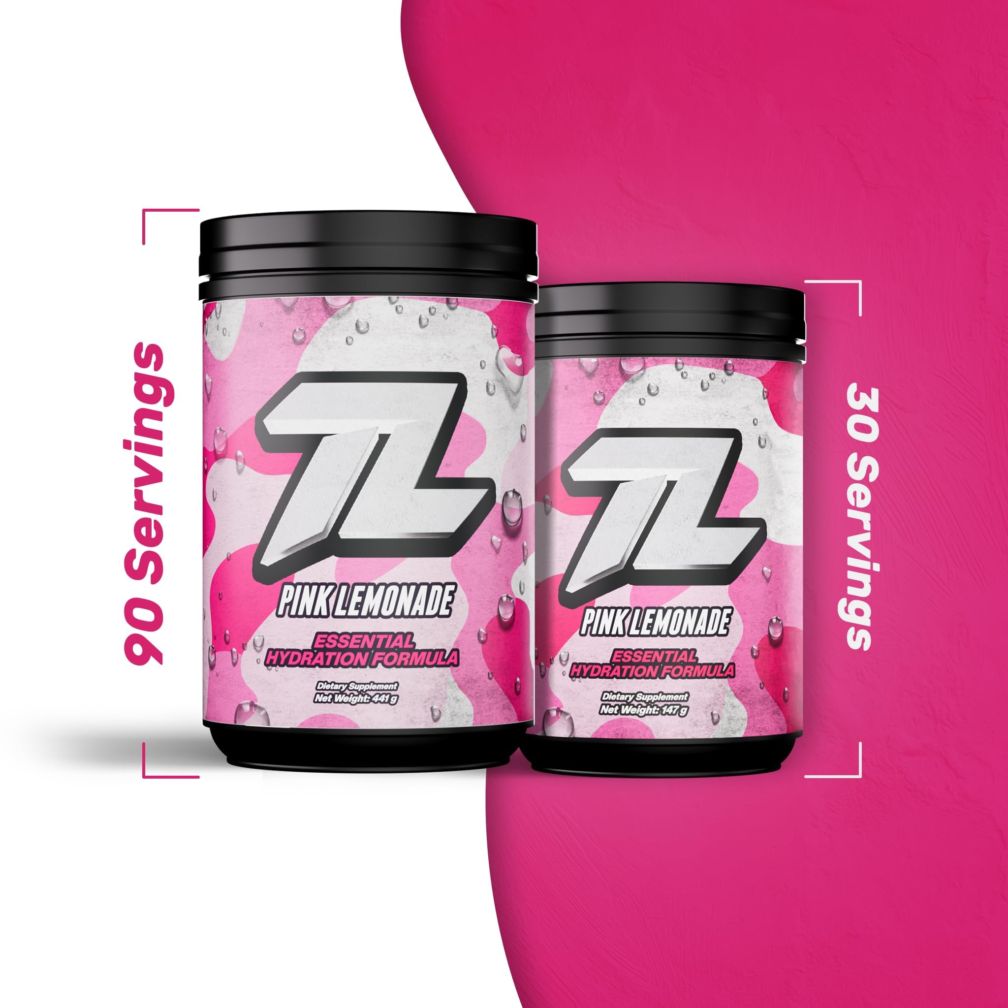 The Treigning Lab pink lemonade packaging shows 30 servings and sugar-free formulation