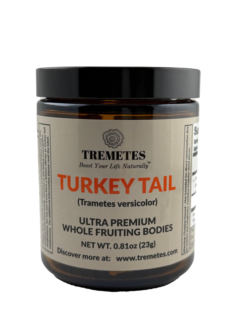 Tremetes Turkey Tail fruiting body in amber jar ready for daily tea infusion
