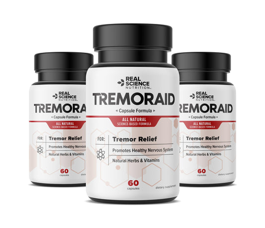 Tremoraid bottle close-up showing easy-to-take capsules for daily nervous system support.