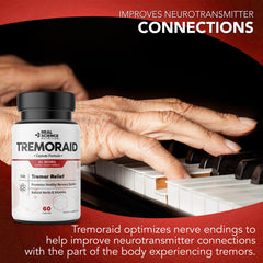 Tremoraid box packaging on a clean surface with clear dosage and benefits.