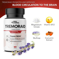 Tremoraid bottle beside glass suggesting brain circulation support.