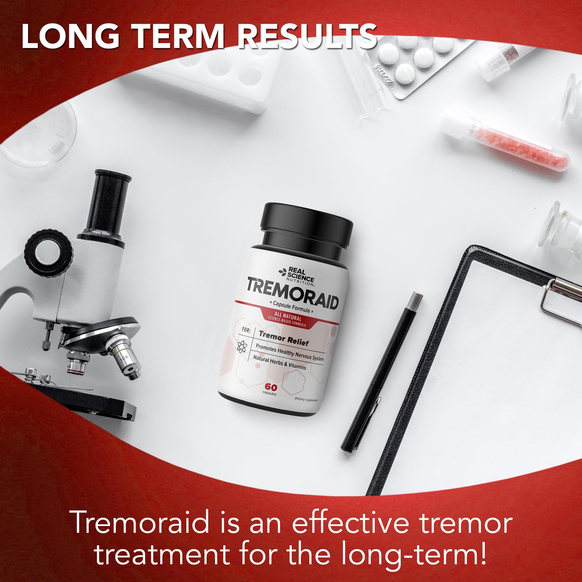 Tremoraid daily-use routine setup with pills and water for consistency.