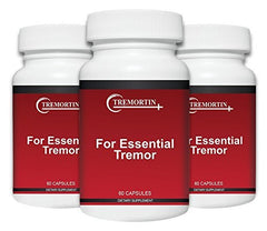 Tremortin 3-pack bottle label shows natural tremor support