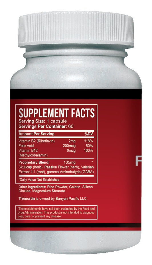 Tremortin bottle being poured, illustrating daily dosing for tremor management