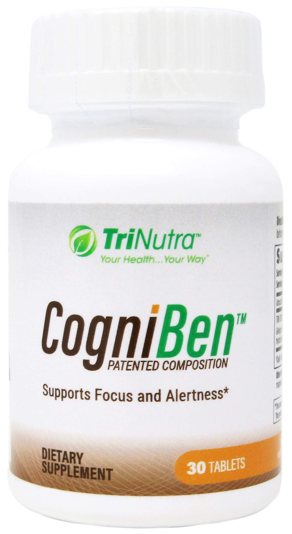 Tri Nutra Cogniben bottle with tablets promoting daily focus.