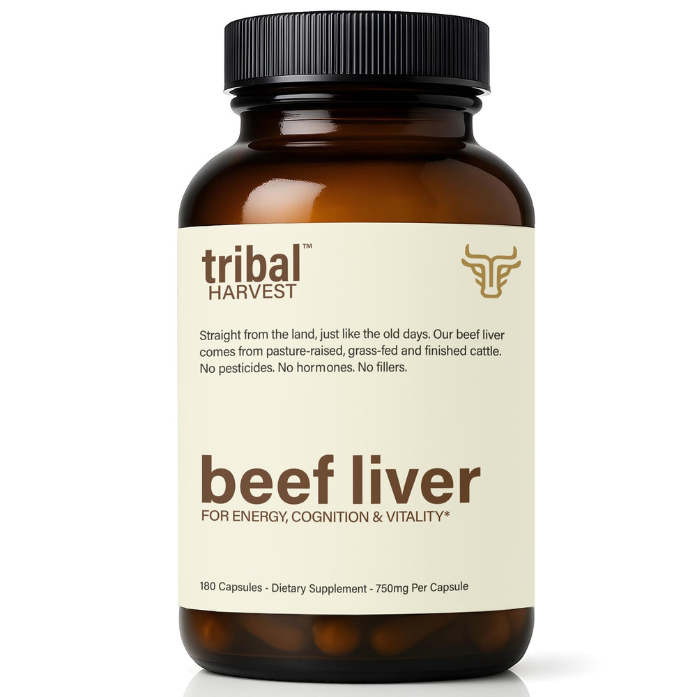 Tribal Harvest bottle-front with grass-fed beef liver capsules for daily energy.