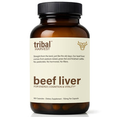 Tribal Harvest bottle-front with grass-fed beef liver capsules for daily energy.