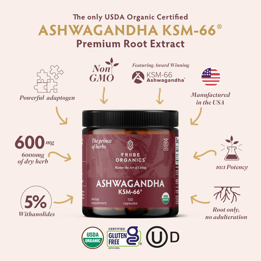 TRIBE ORGANICS KSM-66 capsules offering convenient energy and stress management