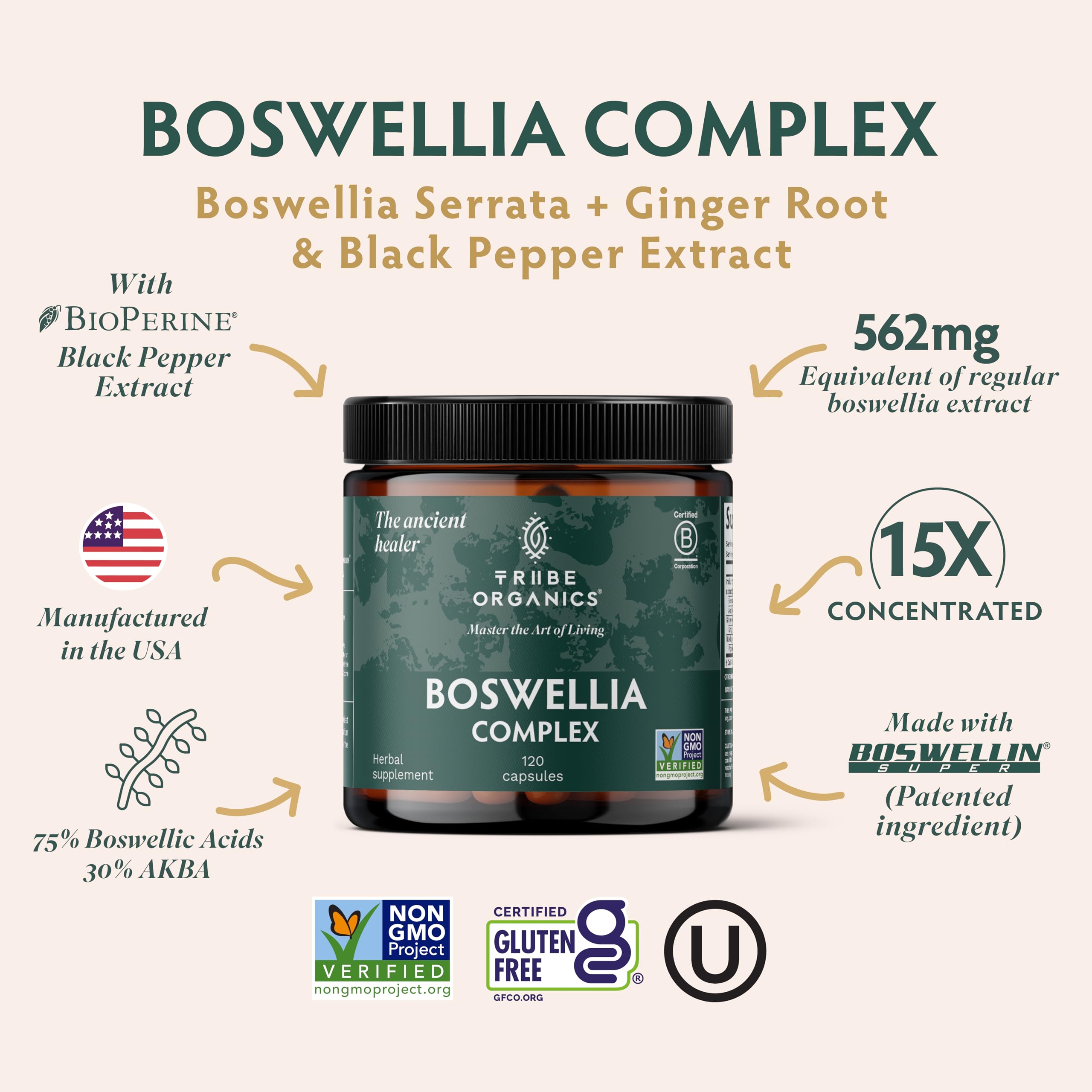 Close-up of TRIBE ORGANICS Boswellia Serrata Complex capsules for daily joint care