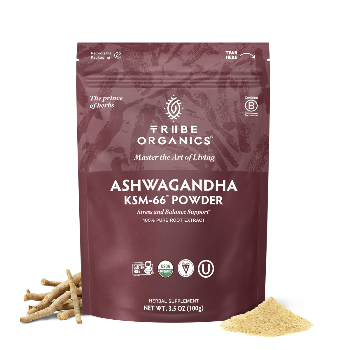 TRIBE ORGANICS KSM-66 Ashwagandha powder bottle for daily mood support and energy