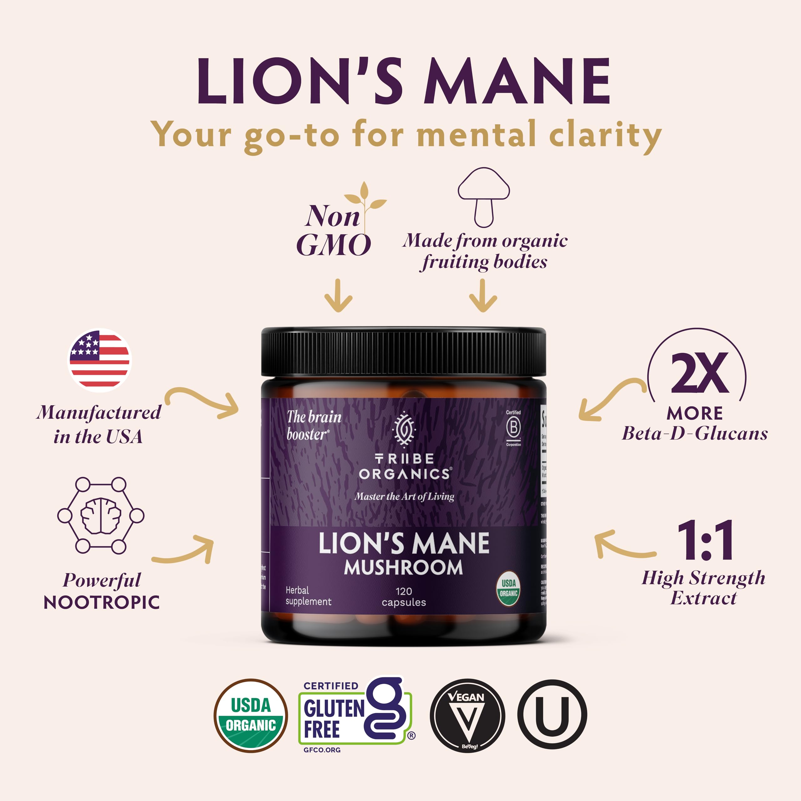 TRIBE ORGANICS Lion’s Mane label close-up showing 25% beta-glucans for quality.