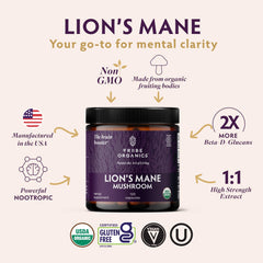 TRIBE ORGANICS Lion’s Mane label close-up showing 25% beta-glucans for quality.
