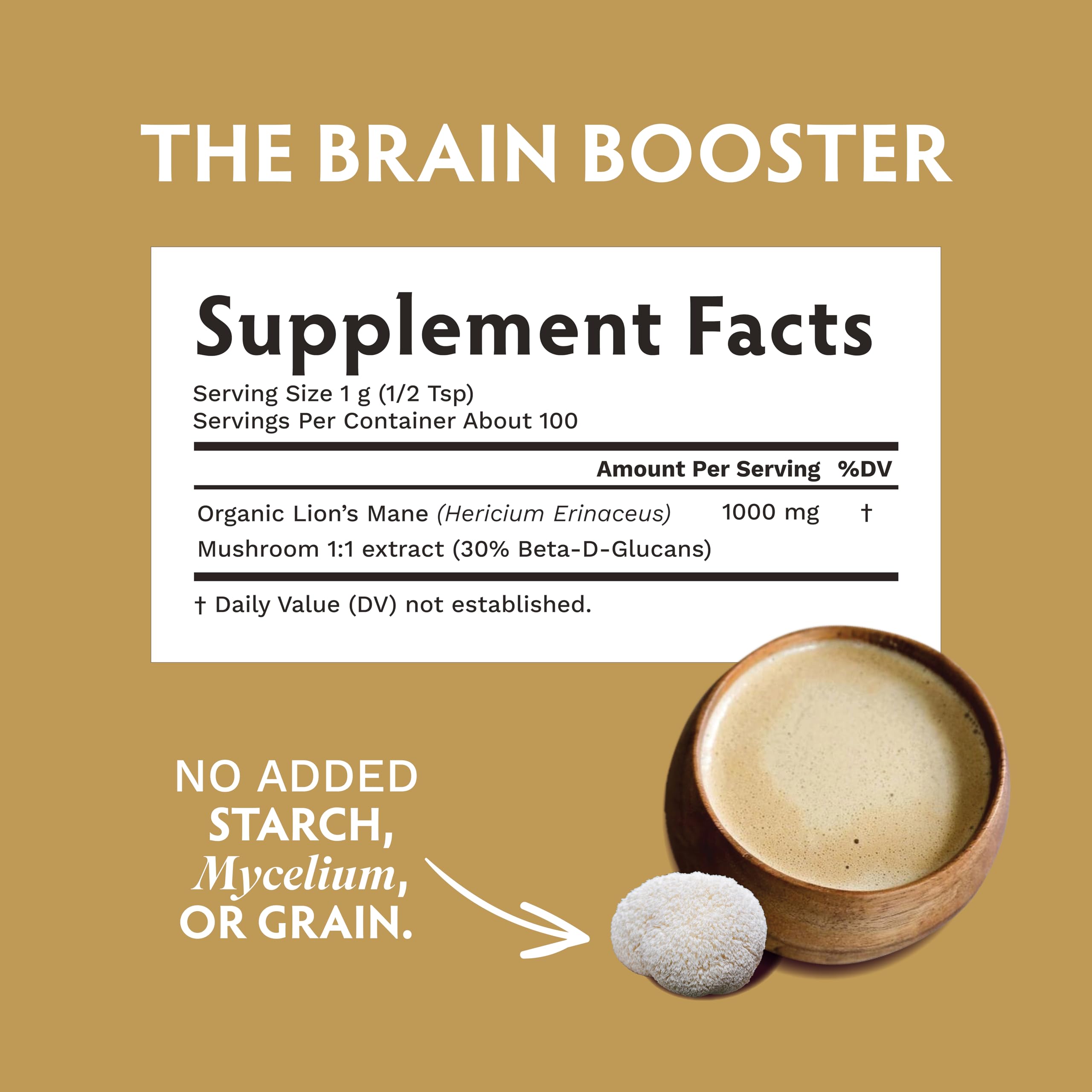 TRIBE ORGANICS Lion's Mane Powder label notes organic fruiting bodies and beta-glucans.
