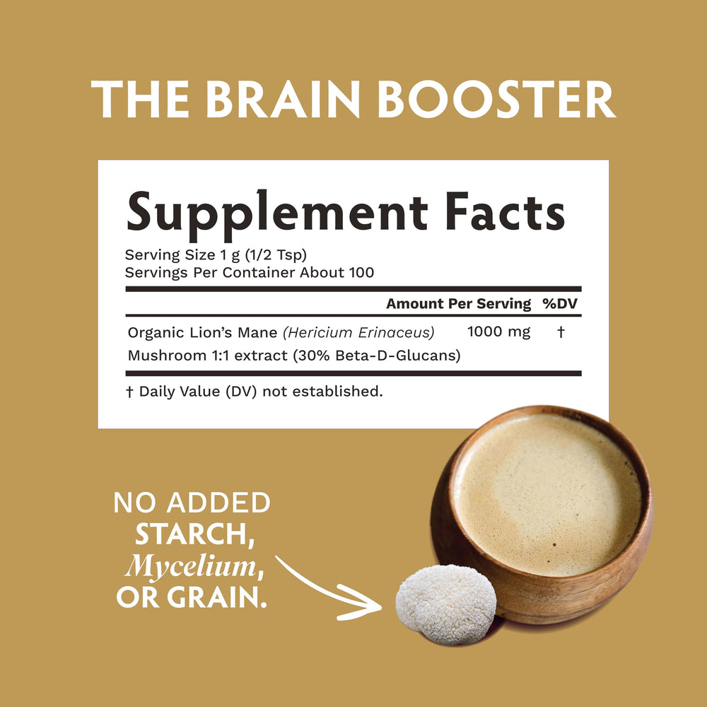 TRIBE ORGANICS Lion's Mane Powder label notes organic fruiting bodies and beta-glucans.