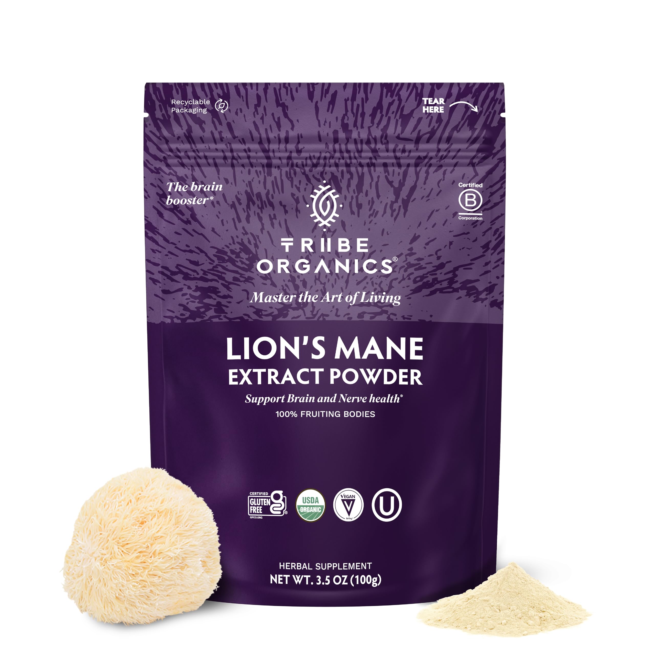 TRIBE ORGANICS Lion's Mane Powder packaging highlights organic extract for daily energy.