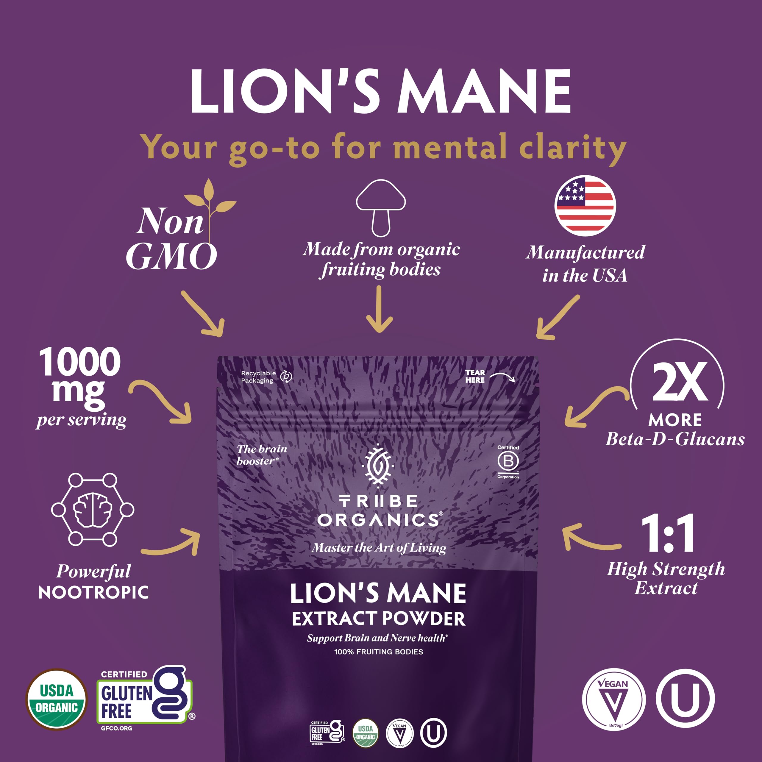 TRIBE ORGANICS Lion's Mane Powder scoop shows convenient 100 g serving.
