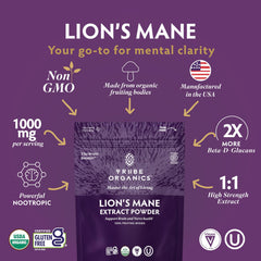 TRIBE ORGANICS Lion's Mane Powder scoop shows convenient 100 g serving.