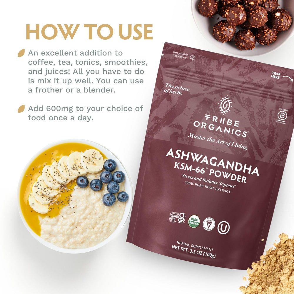 TRIBE ORGANICS organic Ashwagandha label on packaging