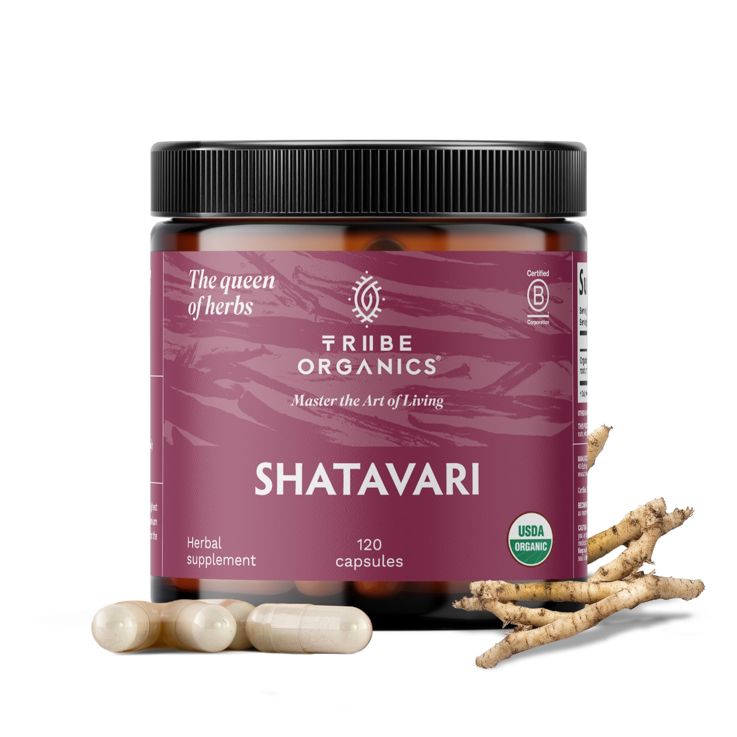 TRIBE ORGANICS Shatavari bottle pouring for easy daily hormonal balance support.