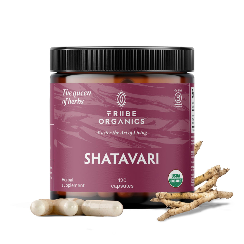 TRIBE ORGANICS Shatavari bottle pouring for easy daily hormonal balance support.