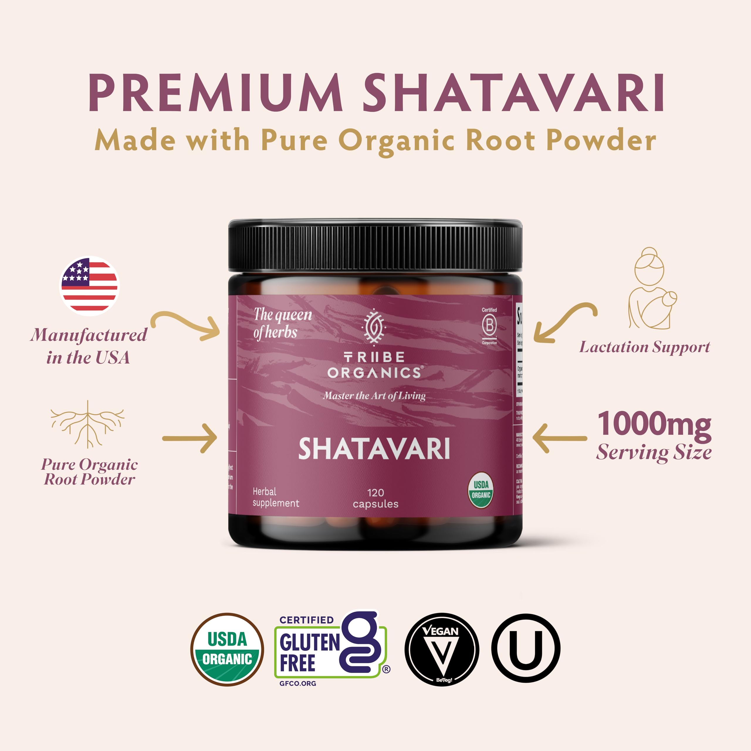 TRIBE ORGANICS Shatavari capsules closeup highlighting vegan, pure capsules.