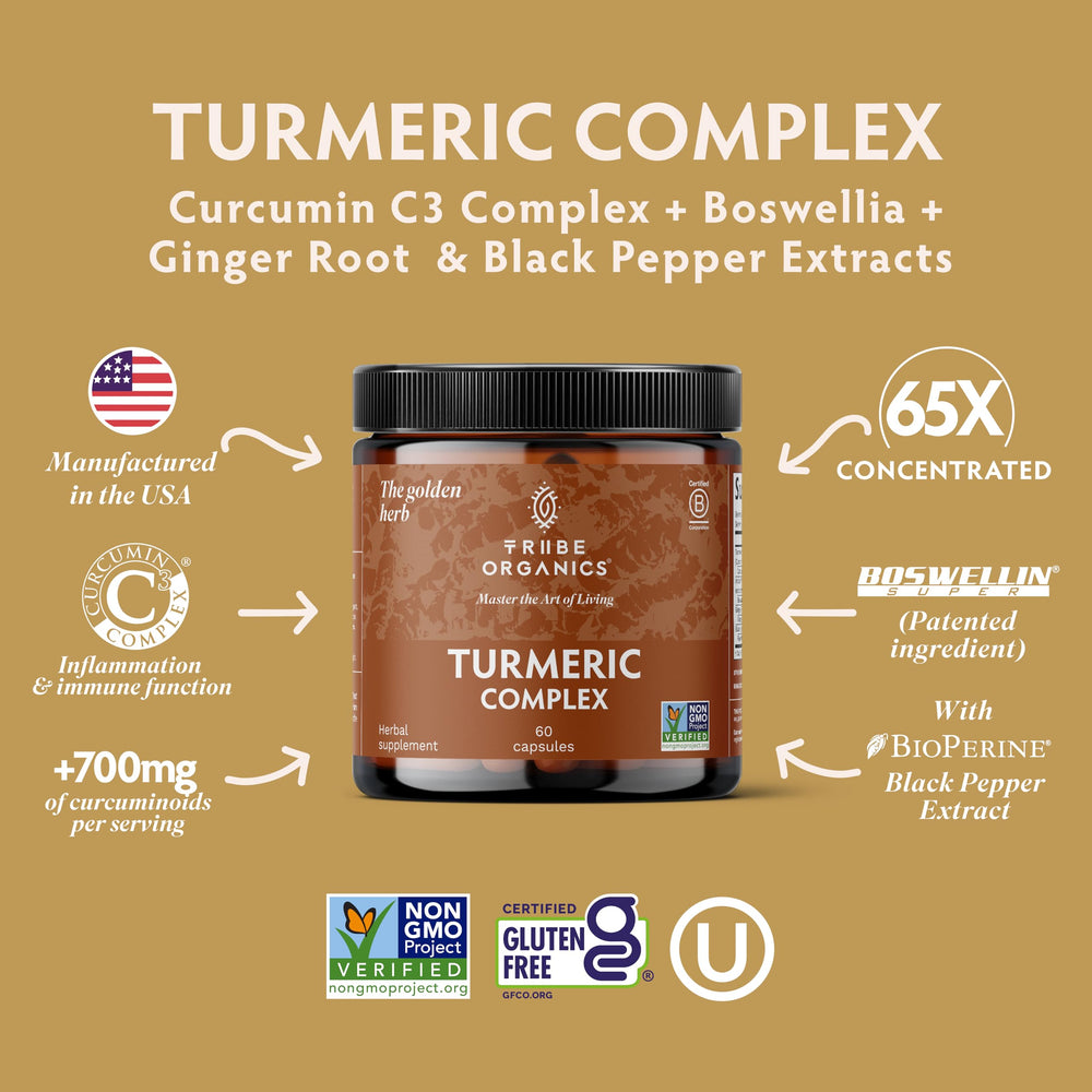 TRIBE ORGANICS turmeric curcumin bottle pouring, ready for daily use